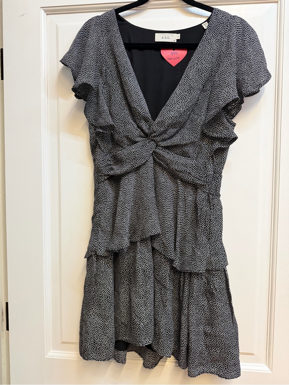 A.L.C. Black & White Micro Dot Twist-Front Tiered Mini Dress 100% Silk